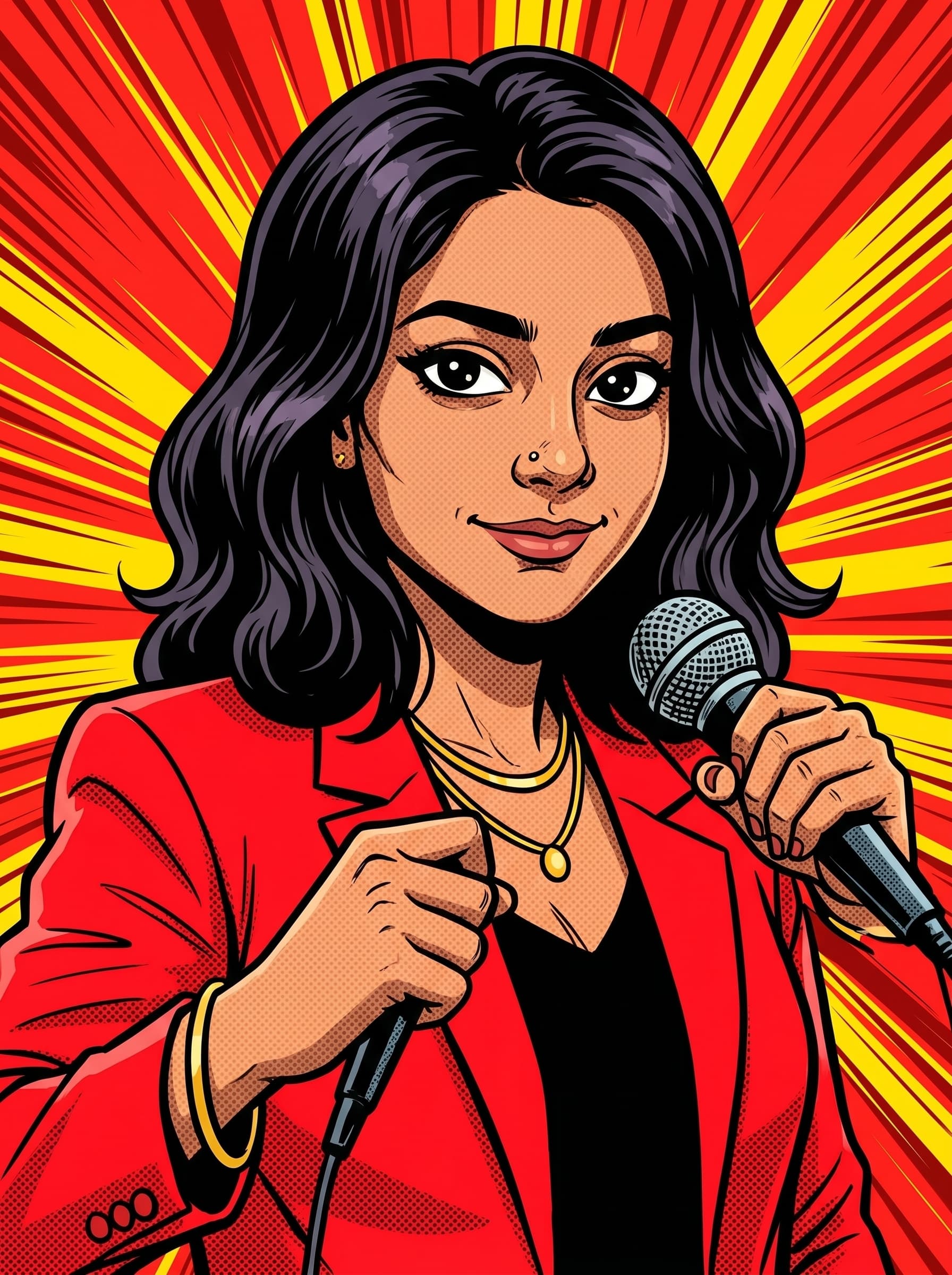 Richa Jha — comic character with microphone