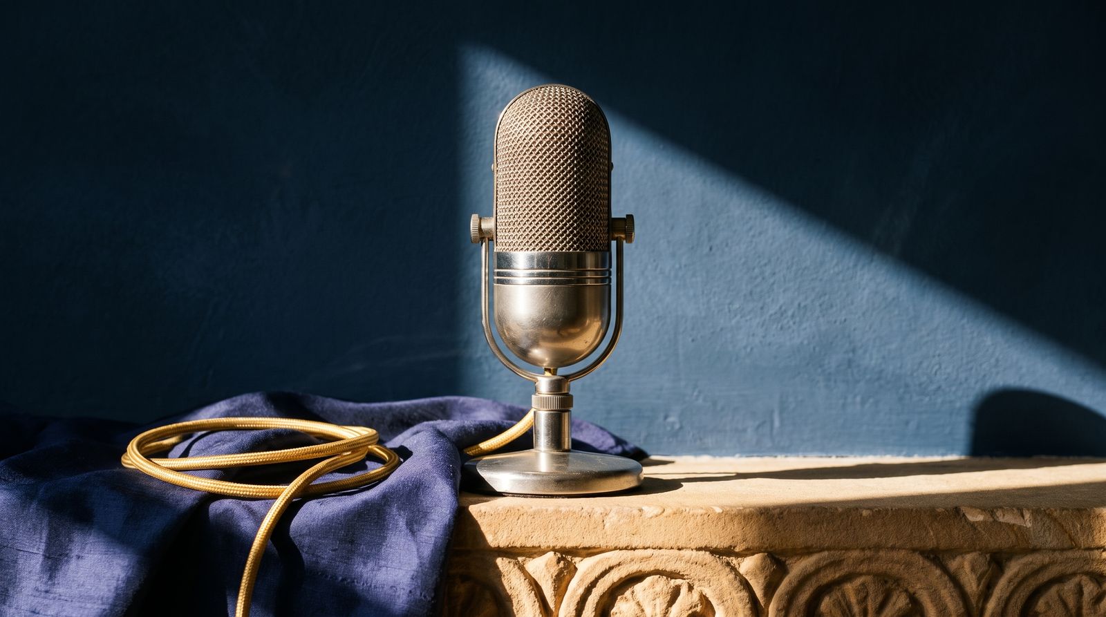 Vintage broadcast microphone in a sunbeam